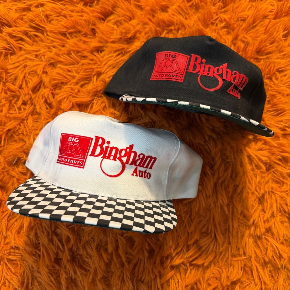 Vintage Bingham Auto Parts Snapback Hat Bundle Checkered Brim San Sun 2 Pack